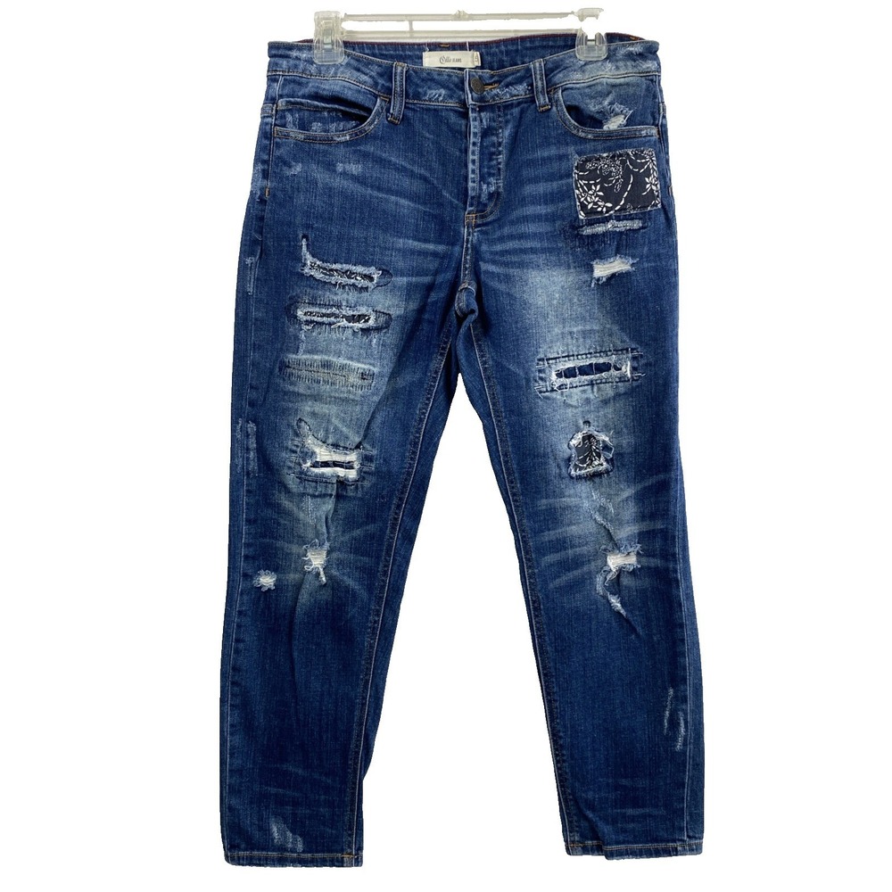 Cello Jeans Juniors Sz 5 Button Fly Destroyed Patches Straight Medium Wash Denim